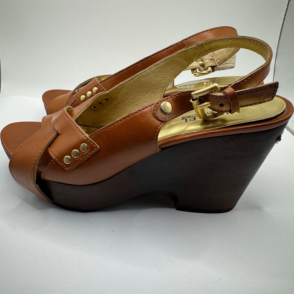 Michael Kors Tan Leather Platform Wedge Sandals Brown Studded Slingback 7.5M - Picture 4 of 7